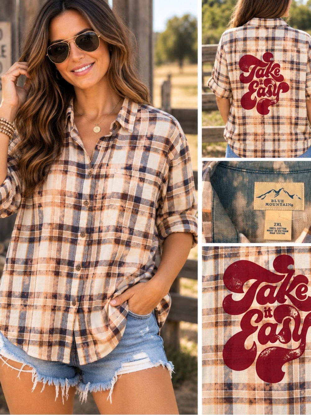 Blue Mountain 'Take It Easy' Plaid Bleached Button-Down Shirt - Beige & Blue